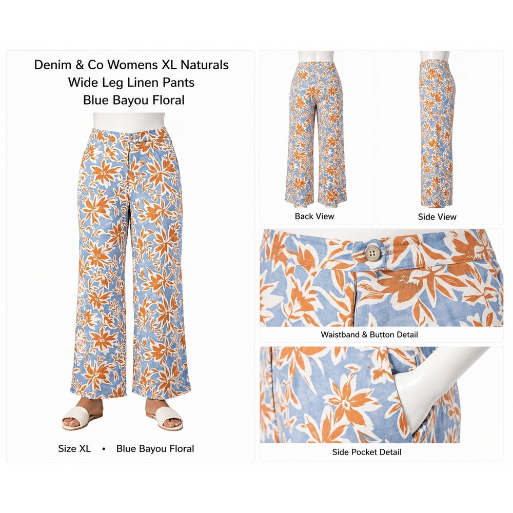 Denim & Co Womens Large Naturals Wide Leg Linen Pants Blue Bayou Floral NWT